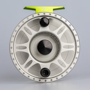 Tibor Reels - The Riptide - Frost Silver with Lime - Custom Tarpon Engraving