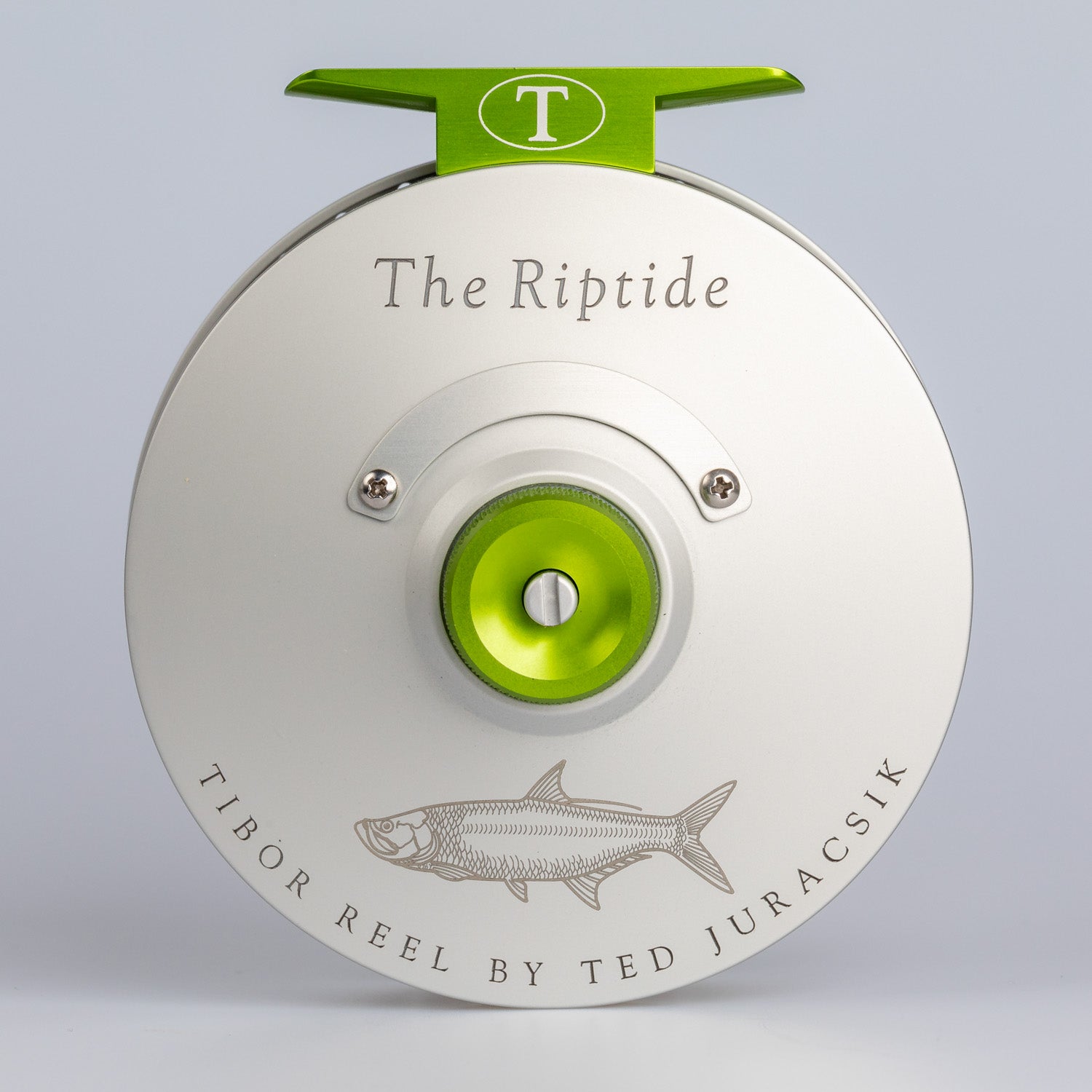 custom engraved fly reel Tibor Reels - The Riptide - Frost Silver with Lime - Custom Tarpon Eng